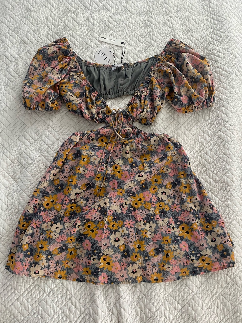 Olivaceous Women’s Floral Puff-Sleeve Dress in Pink, Mustard & Gray